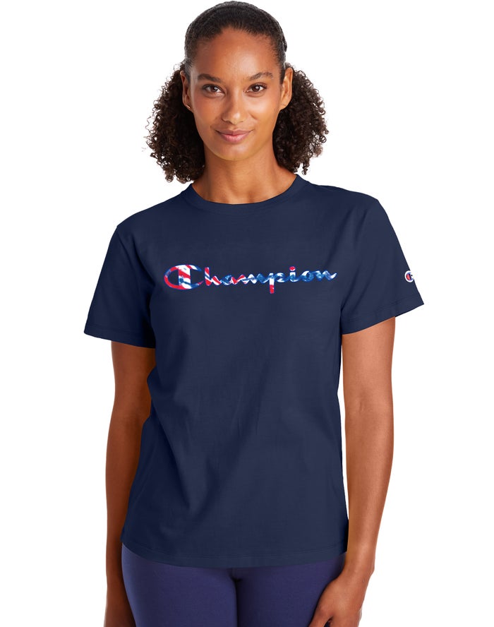 Champion T-Shirt Dames - Donkerblauw - Classic Script Tie-Dye Logo ( 830245-UAJ )